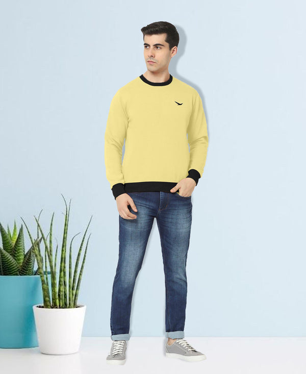 HiFlyers Men Slim Fit Cotrast Rib Cotton Fleece Round Neck Sweatshirt -Yellow