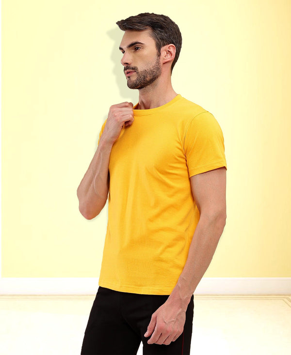 T.T. Men Eco Friendly (Cotton Rich) Recycled Fabric Solid Round Neck Regular Fit Golden Yellow