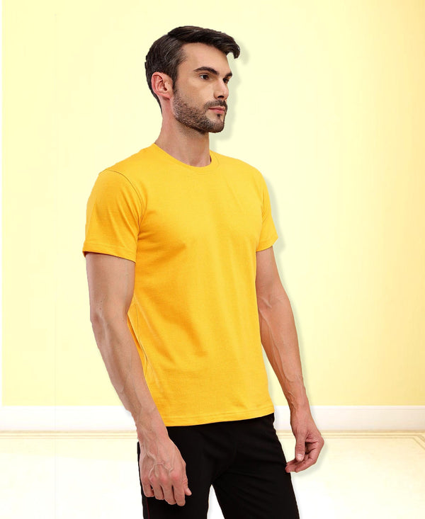 T.T. Men Eco Friendly (Cotton Rich) Recycled Fabric Solid Round Neck Regular Fit Golden Yellow