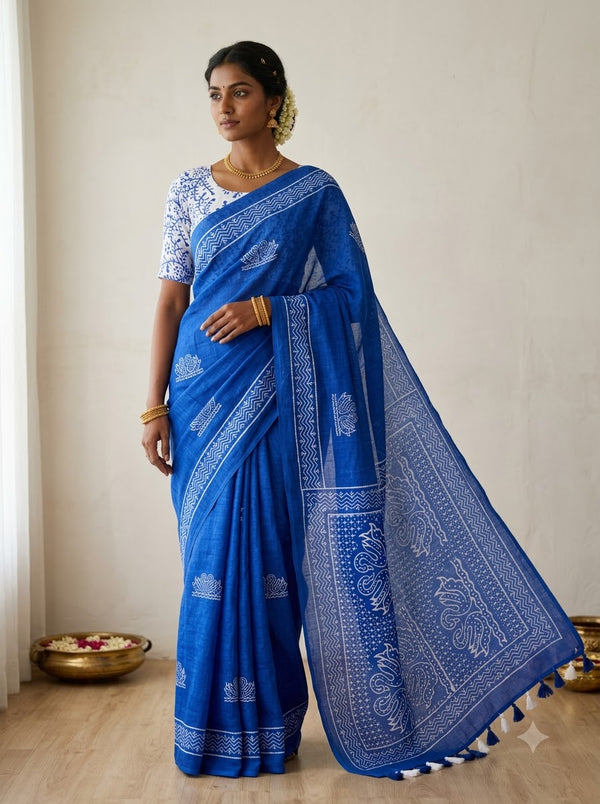 Elampillai Semi LEnin cotton saree with Blouse Piece
