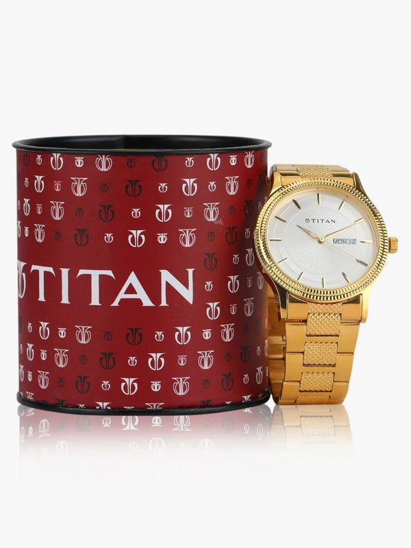 Karishma with Day & Date White Dial Golden SS Strap Analog Watch- For Men