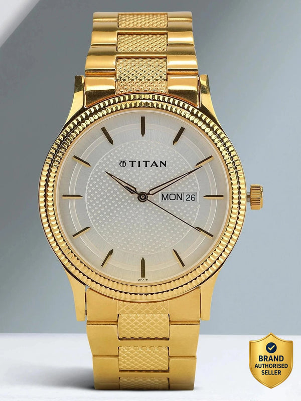 Karishma with Day & Date White Dial Golden SS Strap Analog Watch- For Men