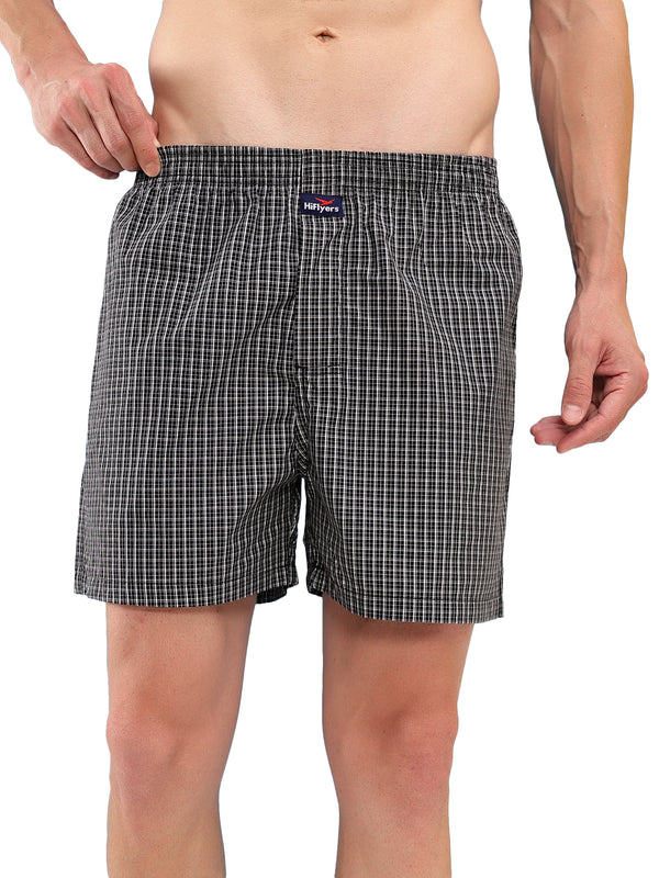 HiFlyers Men Regular Fit Checked Super Combed Cotton Woven Boxer Short Pack Of 1 Black