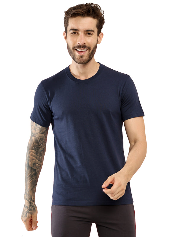 T.T. Men Eco Friendly Cotton Blended Fabric Solid Round Neck Regular Fit Navy