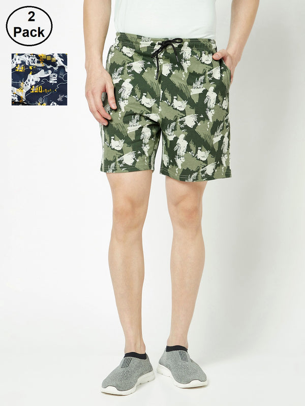 T.T. Mens Cotton Blend Regular FitPrinted Bermuda Shorts With Zipper Pack Of 2Green-Yellow