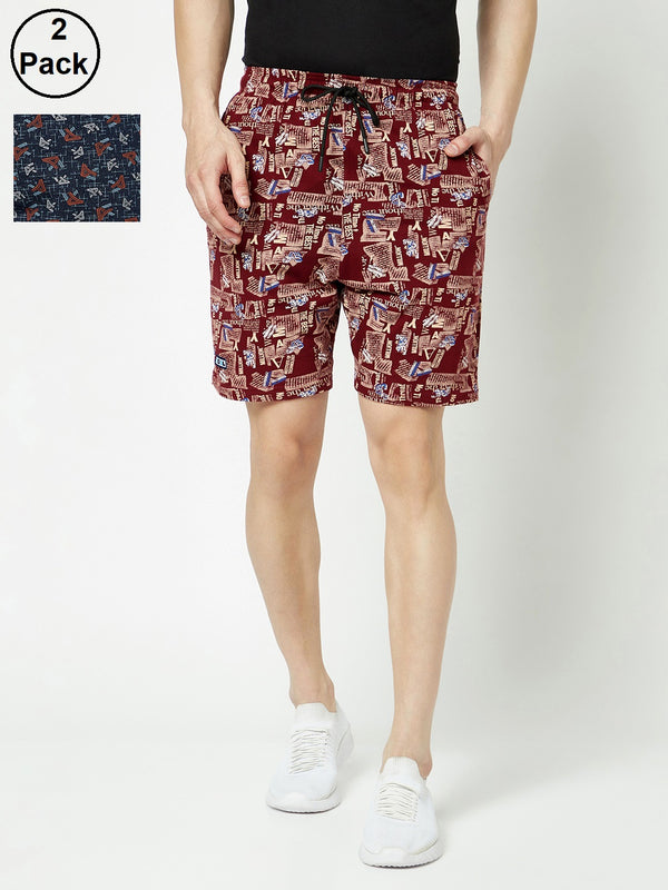T.T. Men Cool Printed Bermuda Shorts With Zipper Pack Of 2Maroon-Navy
