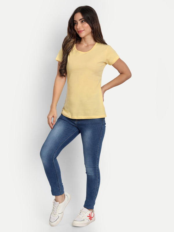 T.T. Women Yellow Solid Round Neck Pure Cotton T-Shirt