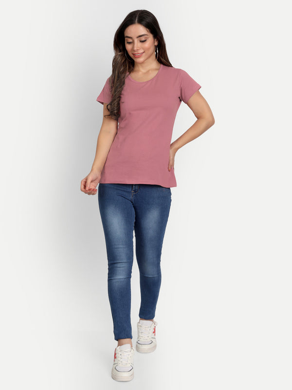 T.T. Women Pink Solid Round Neck Pure Cotton T-Shirt