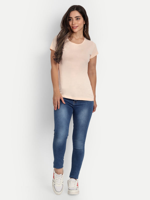 T.T. Women Light Pink Solid Round Neck Pure Cotton T-Shirt