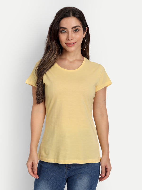 T.T. Women Yellow Solid Round Neck Pure Cotton T-Shirt