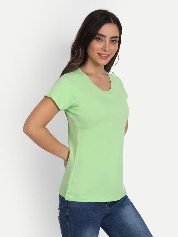 T.T. Women Green Solid Round Neck Pure Cotton T-Shirt