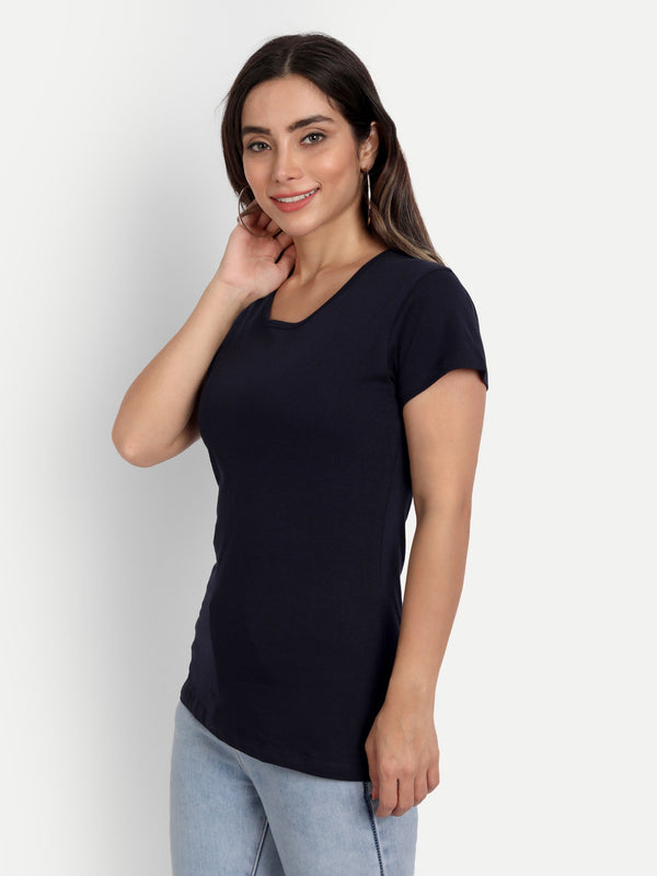 T.T. Women Black Solid Round Neck T-Shirt
