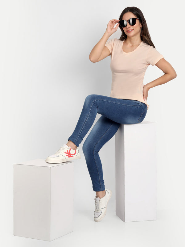 T.T. Women Light Pink Solid Round Neck Pure Cotton T-Shirt