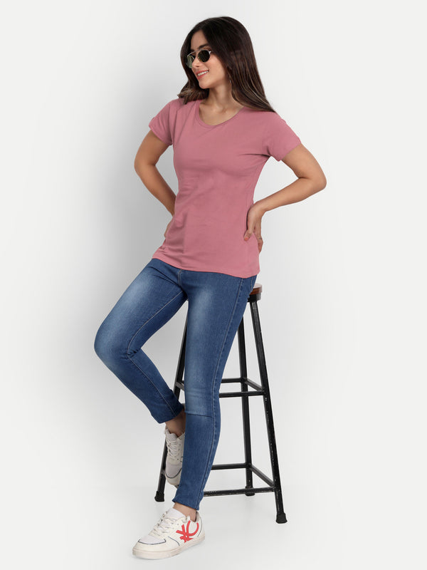 T.T. Women Pink Solid Round Neck Pure Cotton T-Shirt