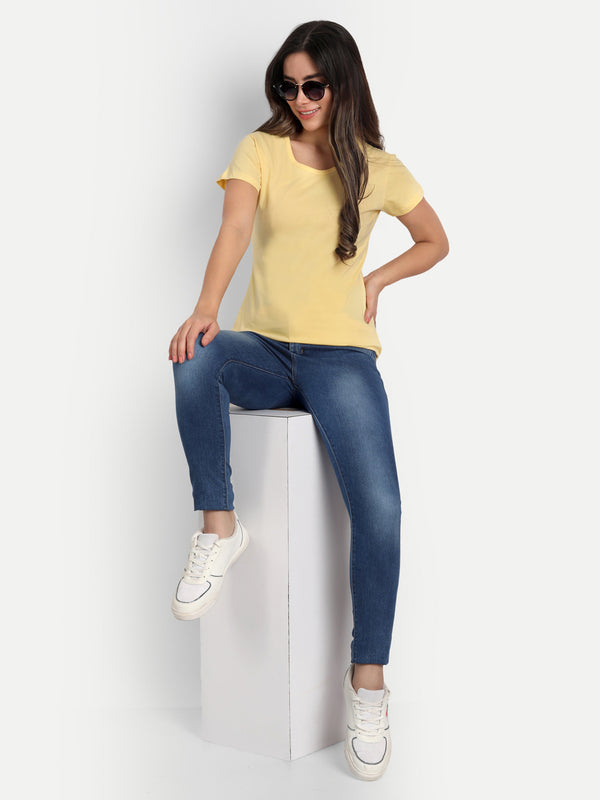 T.T. Women Yellow Solid Round Neck Pure Cotton T-Shirt
