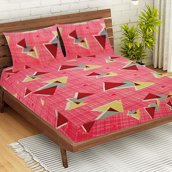 T.T. Peach Pink Geometric Double Bedsheet With 2 Pillow Covers