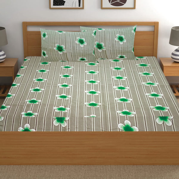 T.T. Green & White Floral Print Double Bedsheet With 2 Pillow Covers