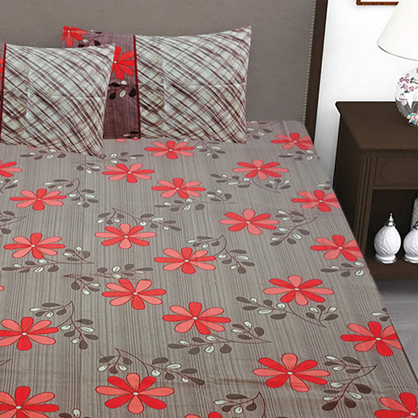 T.T. Rose & Beige Floral Double Bedsheet With 2 Pillow Covers