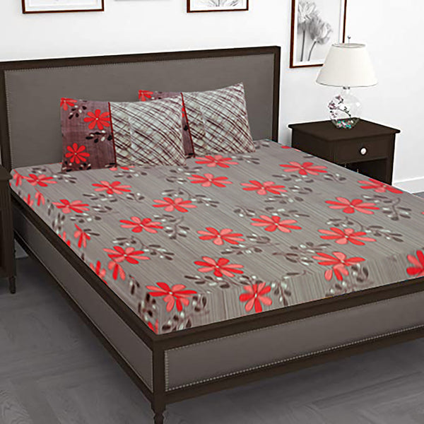 T.T. Rose & Beige Floral Double Bedsheet With 2 Pillow Covers