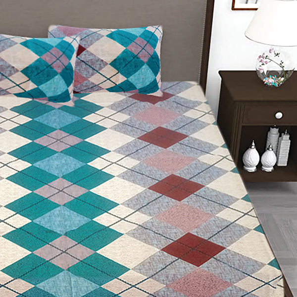 T.T. Turquoise Blue & White Geometric Double Bedsheet With 2 Pillow Covers