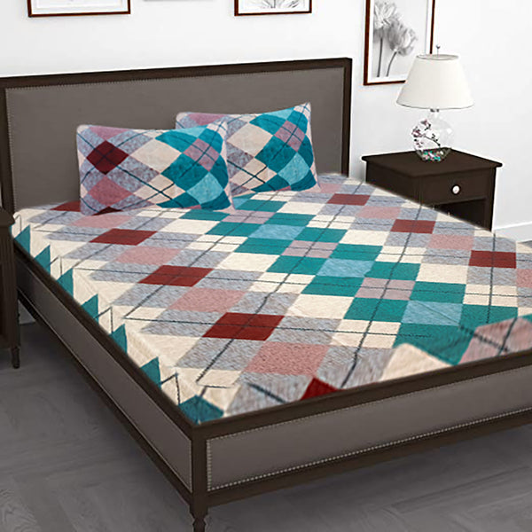 T.T. Turquoise Blue & White Geometric Double Bedsheet With 2 Pillow Covers