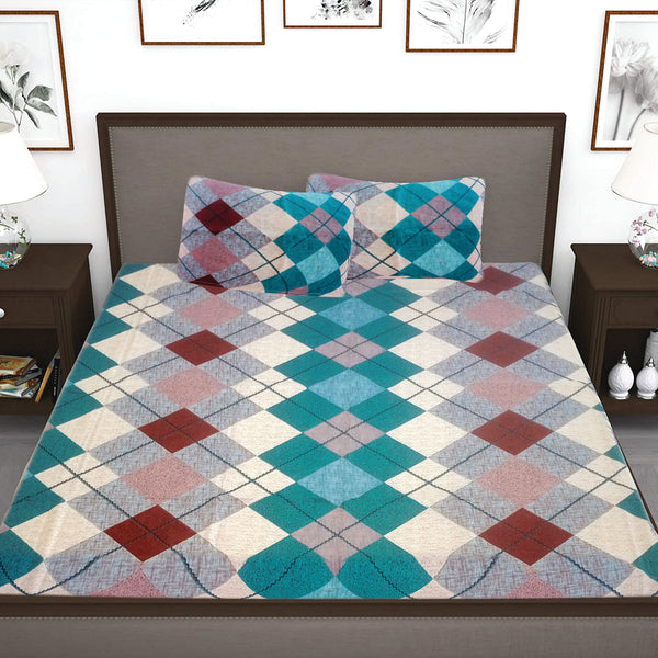 T.T. Turquoise Blue & White Geometric Double Bedsheet With 2 Pillow Covers