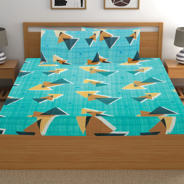 T.T. Teal Blue Geometric Double Bedsheet With 2 Pillow Covers