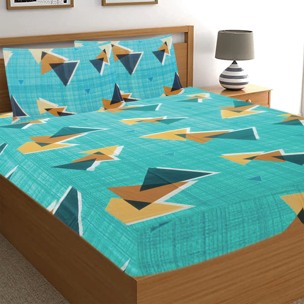 T.T. Teal Blue Geometric Double Bedsheet With 2 Pillow Covers