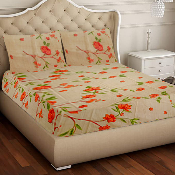 T.T. Beige Floral Print Cotton Double Bedsheet With 2 Pillow Covers