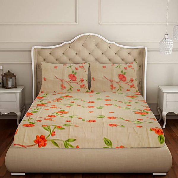 T.T. Beige Floral Print Cotton Double Bedsheet With 2 Pillow Covers