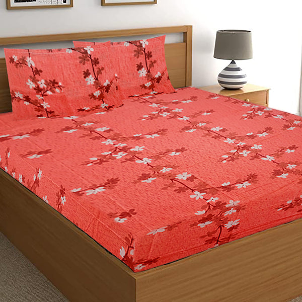 T.T. Peach Floral Cotton Double Bedsheet With 2 Pillow Covers