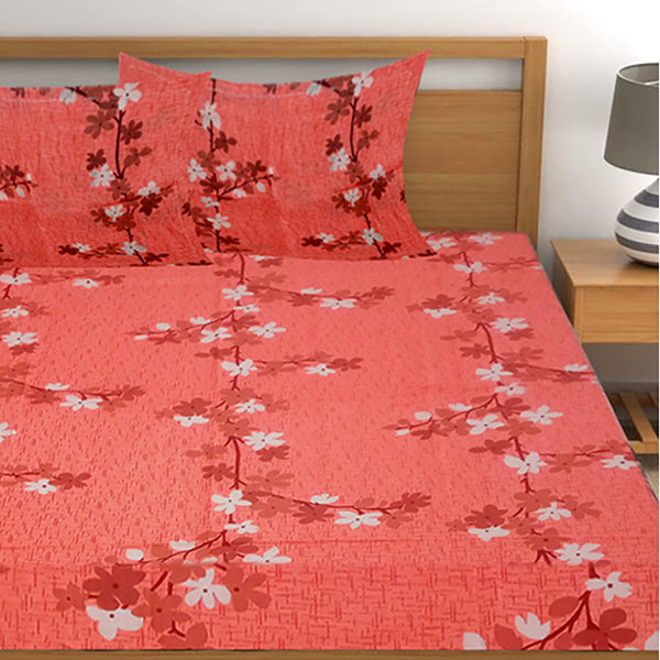 T.T. Peach Floral Cotton Double Bedsheet With 2 Pillow Covers