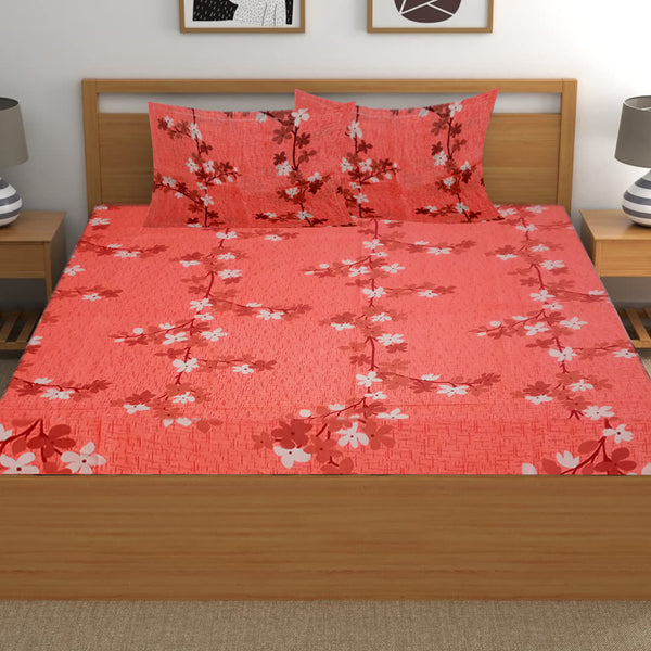 T.T. Peach Floral Cotton Double Bedsheet With 2 Pillow Covers