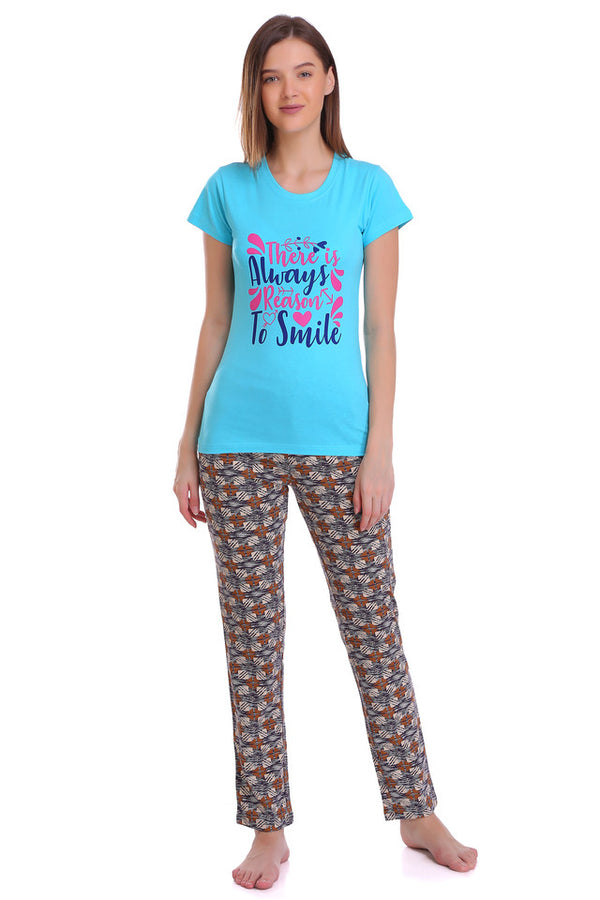 T.T. Women Slim Fit Round Neck Printed Tshirt Aqua