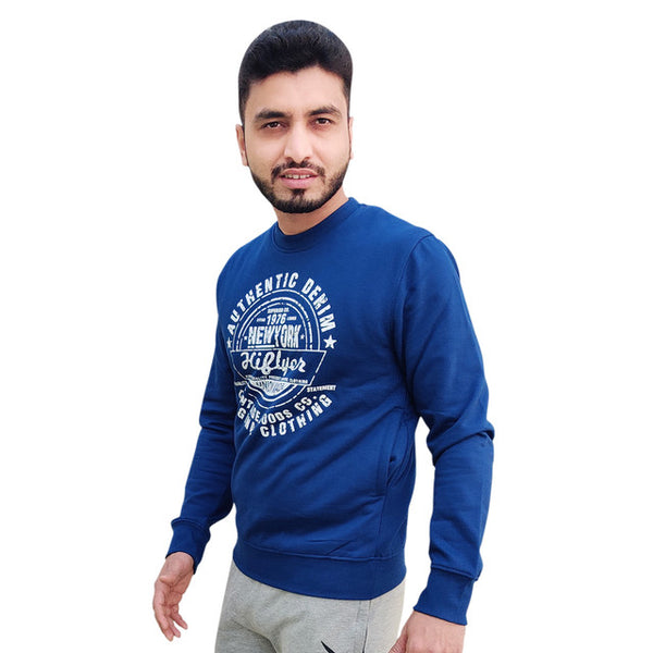 HiFlyers Mens Royal Blue Slim Fit Printed Round Neck Sweatshirt