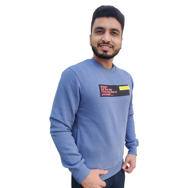 HiFlyers Mens Sky Blue Slim Fit Printed Round Neck Sweatshirt