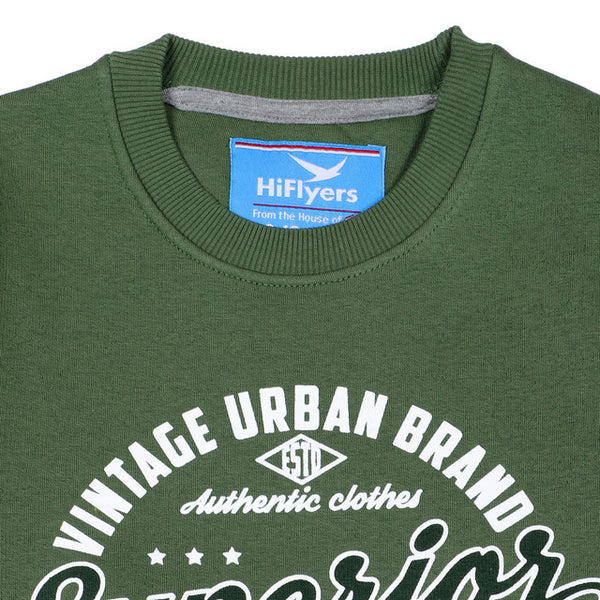 HiFlyers Kids Green Regular Fit Printed Round Neck Sweatshirt