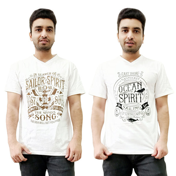 T.T. Men Organic Cotton Printed T-Shirts Round Neck- Vneck White Pack Of 2( Assorted)