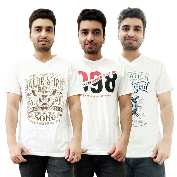 T.T. Men Organic Cotton Printed T-Shirts Round Neck- Vneck White Pack Of 3( Assorted)