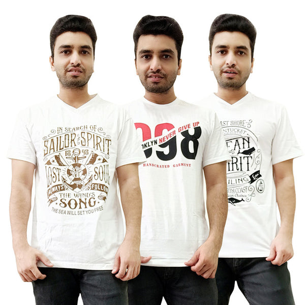 T.T. Men Organic Cotton Printed T-Shirts Round Neck- Vneck White Pack Of 3( Assorted)