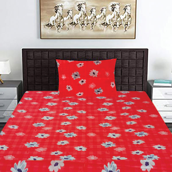 T.T. Red & Lt. Grey Floral Print Single Bedsheet With 1 Pillow Cover