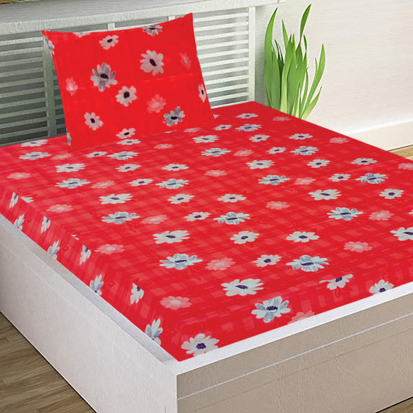T.T. Red & Lt. Grey Floral Print Single Bedsheet With 1 Pillow Cover