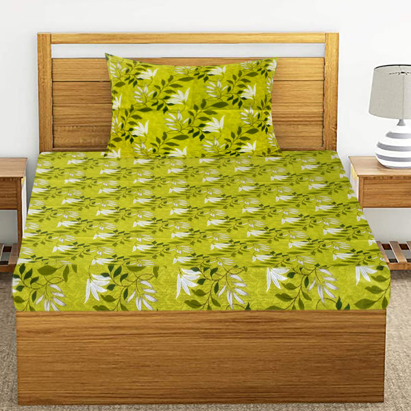 T.T. Lime Green & White Floral Print Single Bedsheet With 1 Pillow Cover