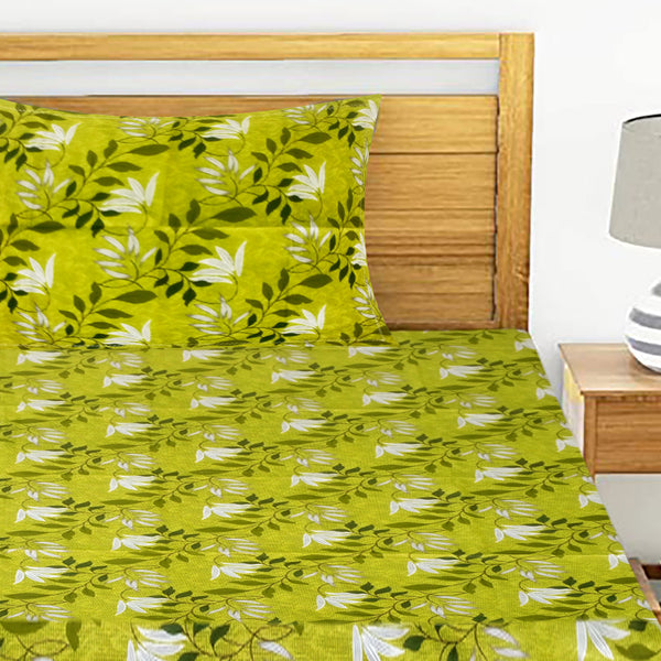 T.T. Lime Green & White Floral Print Single Bedsheet With 1 Pillow Cover