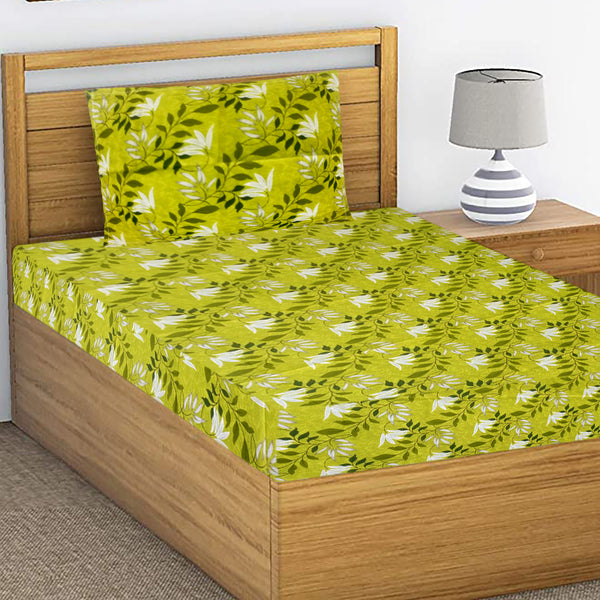 T.T. Lime Green & White Floral Print Single Bedsheet With 1 Pillow Cover