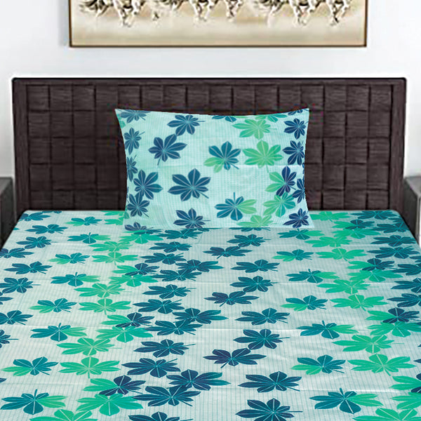 T.T. Sea Green & Blue Floral Print Single Bedsheet With1 Pillow Cover
