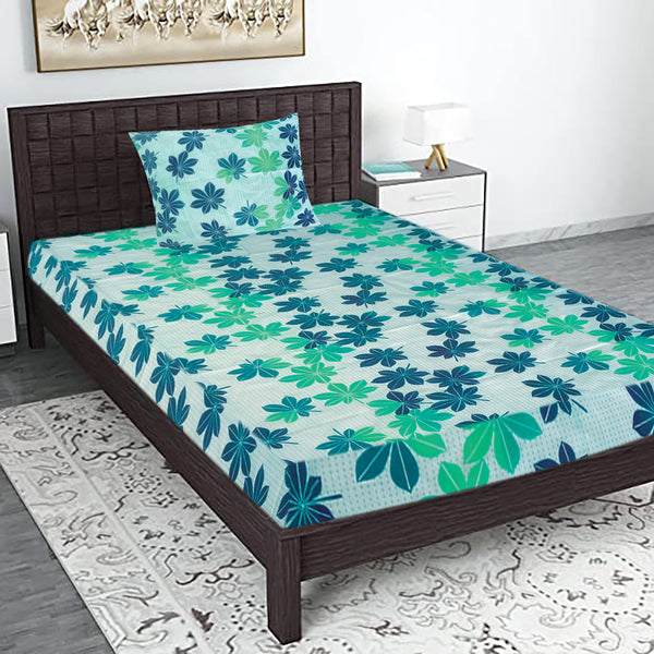 T.T. Sea Green & Blue Floral Print Single Bedsheet With1 Pillow Cover