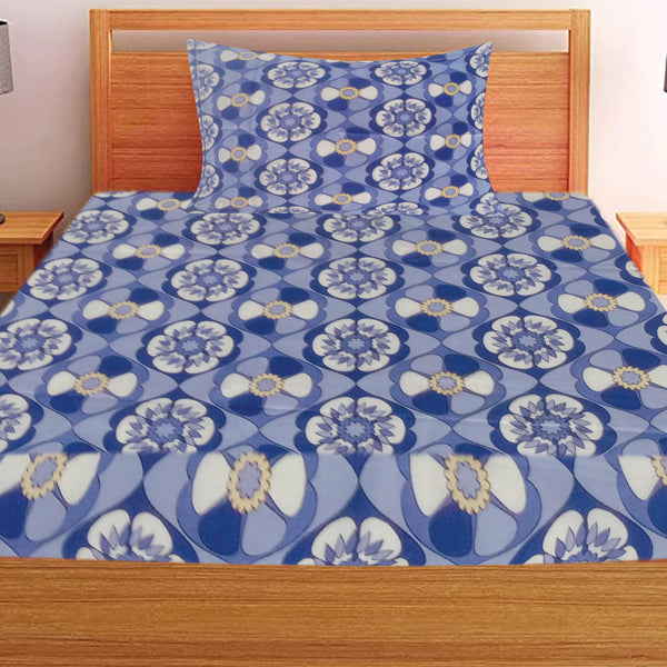 T.T. Blue & White Floral Print Single Bedsheet With 1 Pillow Cover