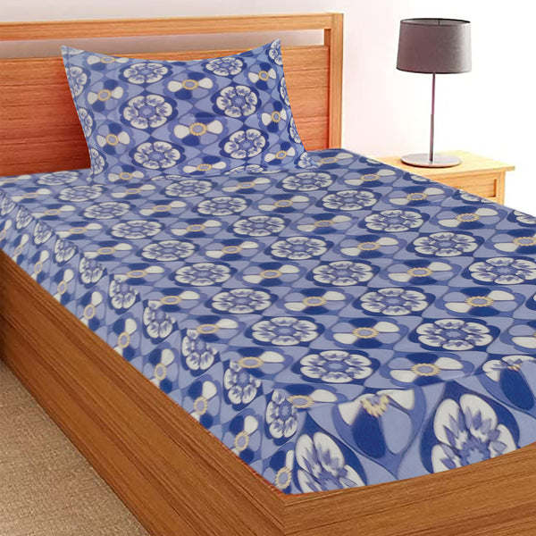 T.T. Blue & White Floral Print Single Bedsheet With 1 Pillow Cover