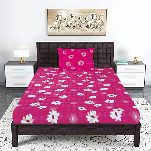 T.T. Magenta & White Floral Print Single Bedsheet With 1 Pillow Cover